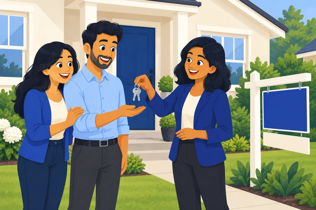 Illustration: a realtor reviewing commissions on a tablet