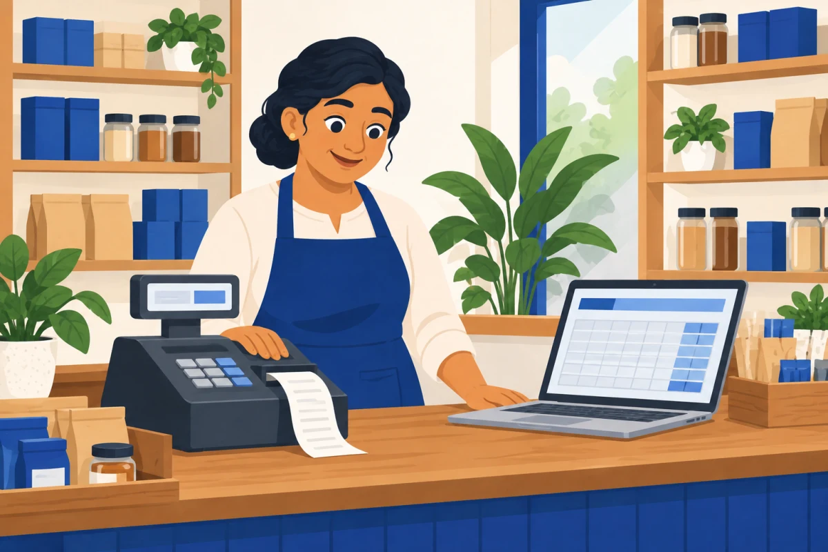 Illustration: an owner at the counter with a laptop