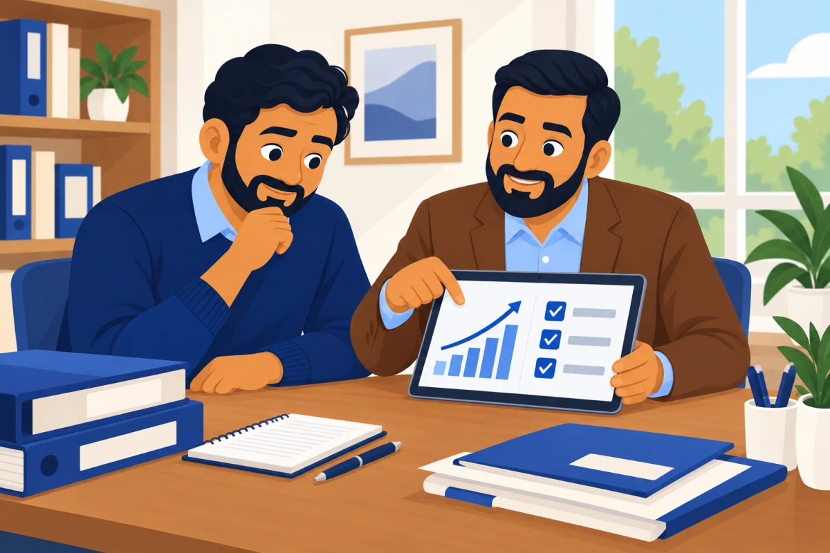Illustration: the accountant showing a business owner a simple plan on a tablet